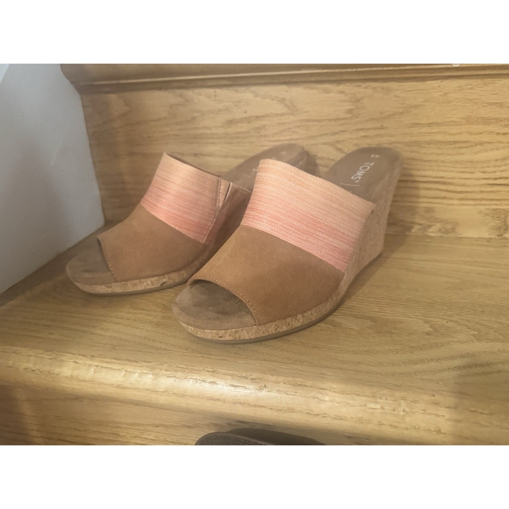 Toms Womens Pink & Brown Open Toe Cork Wedge Sandals Size 8W Boho nice Pretty